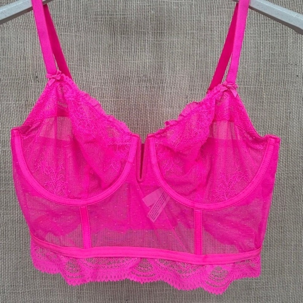 Auden Intimates Neon Pink Lace Dot Mesh Longline Bustier Bra XL Underwire Bows